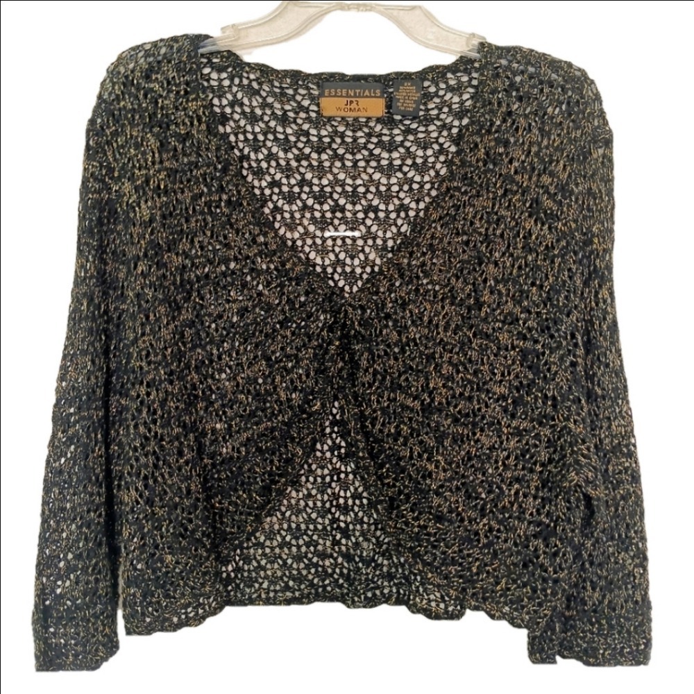 JPR Essentials Shrug Women 2X Black Gold Metallic Open Knit Cropped Cardigan